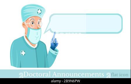 Flat vector illustration. Doctor clothed in protection suit and mask with speech bubble beside, Stock Vector