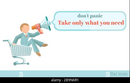 flat concept illustration man on trolley with megaphone announces don't panic, Stock Vector