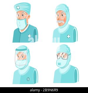 Four doctors or scientists clothed in different chemical or virus protection suit and masks. Stock Vector