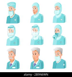 Set of doctors or scientists clothed in different chemical or virus protection suit, masks and gas masks. Stock Vector