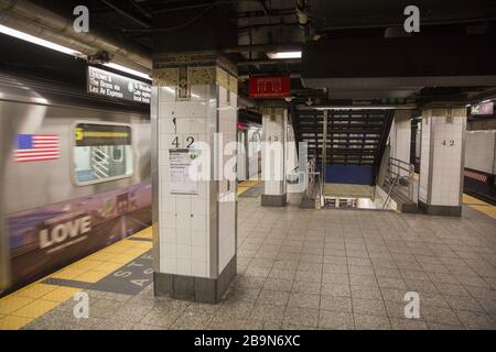 Grand Central 42nd Street  subway station which is usually always busy is now mostly empty with the rise of the Coronavirus and the New York lockdown. Stock Photo