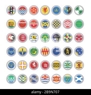 Set of vector icons. Flags of United Kingdom. Counties of England and Scotland. Stock Vector