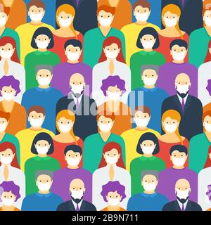 Different human crowd in white medical protective face masks protecting airborne virus infection. Coronavirus epidemic quarantine concept seamless flat vector illustration pattern Stock Vector