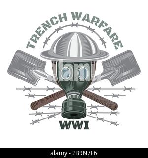 Trench warfare. Gas mask and military helmet with crossed trench showels. Color illustratione. Stock Vector