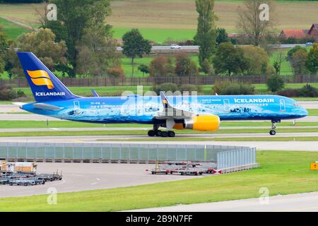 Icelandair Boeing 757 with colorful special livery for Vatnajökull Glacier. Airplane registered as TF-FIR arriving in Zurich Kloten Airport. Stock Photo