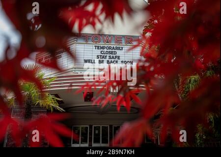Sacramento, CA, USA. 24th Mar, 2020. The Tower movie theater marquee shows they are closed to the public during the coronavirus outbreak on Tuesday, March 24, 2020 in Sacramento. Credit: Paul Kitagaki Jr./ZUMA Wire/Alamy Live News Stock Photo