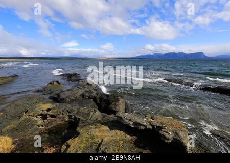 View over the Gulf of Admiral Montt, Puerto Natales city, Patagonia, Chile, South America Stock Photo