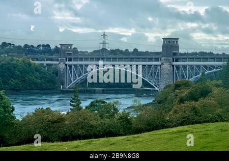 Britannia Bridge, Anglesey - North Wales. Stock Photo
