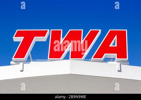 New York City, New York – February 29, 2020: TWA Logo Hotel Terminal at New York JFK airport (JFK) in New York. Stock Photo