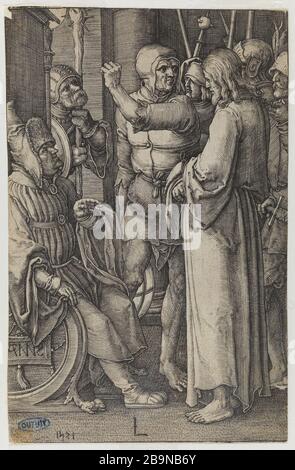 Christ voor Kajafas then priceps priest tore his clothes, saying blasphemy  (titel op object) Christ, held by soldiers before Caiaphas. Right To hond.  Manufacturer : printmaker: Gaspar Huybrechts (listed building) printmaker  Joannes