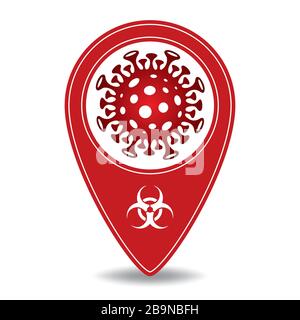 Map pointer with novel corona virus and biohazard symbol. Editable vector icon for Covid-19 map design. Stock Vector