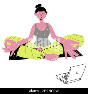 Yoga classes online. People are quarantined at home to prevent the spread of viral infection. Modern character girl doing set of exercises during isolation period Stock Vector