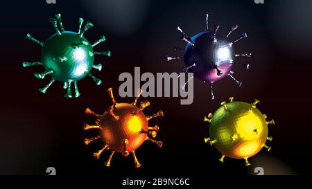 4 different and multicolored views of the low poly style coronavirus for graphic presentation of pandemic materials. Presentation on a dark background Stock Vector