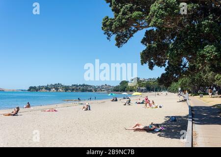 The boardwalk and beach, Kohimarama Beach, Tamaki Drive, Kohimarama, Auckland, New Zealand Stock Photo