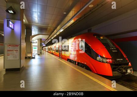Warsaw, Poland – May 27, 2019: Railway station at Warsaw airport (WAW) in Poland. Stock Photo