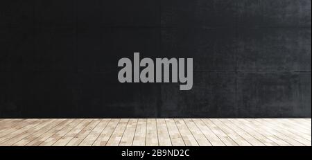 Black concrete wall and wooden floor for product and empty or mock up scene background 3d rendering Stock Photo