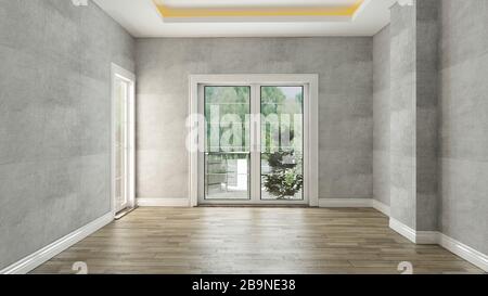 concrete wall empty room interior design with wooden floor 3d rendering Stock Photo