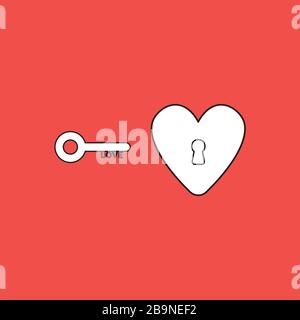 Vector icon concept of love key and heart with black keyhole. White color with black outlines and red background. Stock Vector