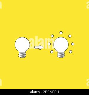 Vector icon concept of light bulb and glowing light bulb, bad and good ideas. White color with black outlines and yellow background. Stock Vector