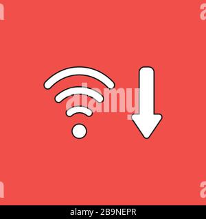 Vector icon concept of wifi wireless with arrow moving down symbolizing bad, slow internet connection. White color with black outlines and red backgro Stock Vector