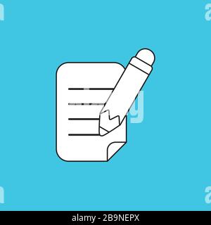 Vector icon concept of pencil writing on paper. White color with black outlines and blue background. Stock Vector