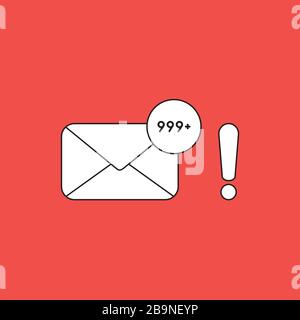 Vector icon concept of closed envelope email and lot of junk spam emails with exclamation mark. White color with black outlines and red background. Stock Vector