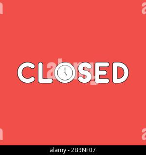 Vector icon concept of closed text with clock time shows 5 o'clock. White color with black outlines and red background. Stock Vector