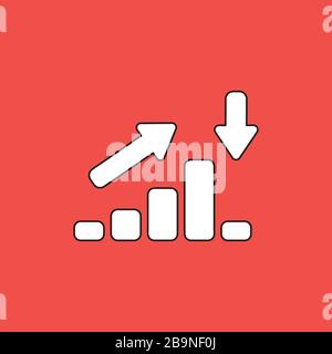 Vector icon concept of sales bar chart moving up then moving down with arrows pointing up and down. White color with black outlines and red background Stock Vector
