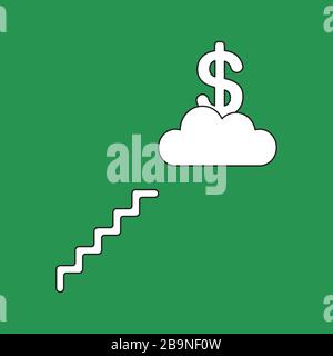 Vector icon concept of reach dollar with stairs on cloud. White color with black outlines and green background. Stock Vector