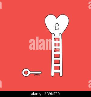 Vector icon concept of love key reach keyhole in heart with wooden ladder. Stock Vector