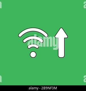 Vector icon concept of wifi wireless symbol with arrow moving up symbolizing high-speed internet connection. White color with black outlines and green Stock Vector