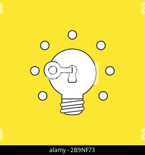 Vector icon concept of key unlocking light bulb idea glowing. White color with black outlines and yellow background. Stock Vector