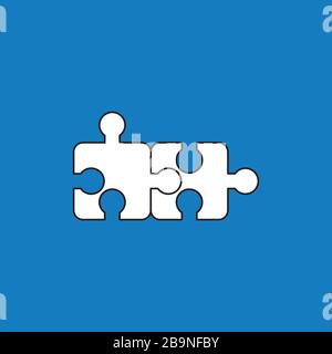 Vector icon concept of two puzzle pieces connected. White color with black outlines and blue background. Stock Vector
