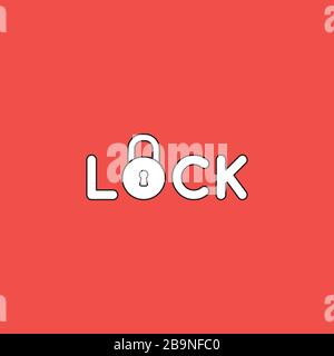 Vector icon concept of lock text with closed padlock. White color with black outlines and red background. Stock Vector