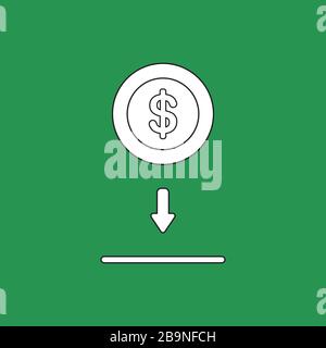 Vector icon concept of putting and saving dollar coin money into the moneybox hole. White color with black outlines and green background. Stock Vector