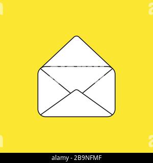 Vector icon of opened mail envelope. White color with black outlines and yellow background. Stock Vector