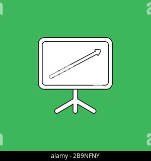 Vector icon concept of sales chart board with arrow moving up. White color with black outlines and green background. Stock Vector