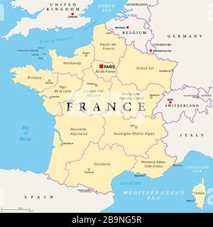 France, political map. Regions of Metropolitan France. French Republic with capital Paris and 13 administrative regions on the mainland of Europe. Stock Photo