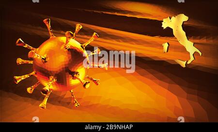 Virus with the silhouette of Italy. Infectious pneumonia. 3D true ray tracing low poly digital banner. International global outbreak coronavirus pande Stock Vector