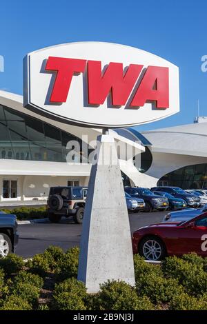 New York City, New York – February 27, 2020: TWA Logo Hotel Terminal at New York JFK airport (JFK) in New York. Stock Photo