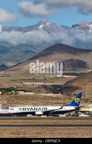 Tenerife, Spain – November 23, 2019: Ryanair Boeing 737-800 airplane at Tenerife South airport (TFS) in Spain. Boeing is an American aircraft manufact Stock Photo