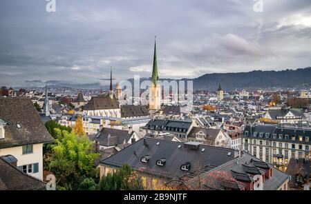 Aerial View of Zurich's Historic City Center after Sunset - Zurich, Switzerland (Autumn/ Fall) Stock Photo