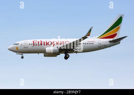 Mahe, Seychelles – February 7, 2020: Ethiopian Boeing 737-700 airplane at Mahe airport (SEZ) in the Seychelles. Boeing is an American aircraft manufac Stock Photo