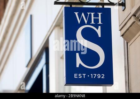 A sign sits outside a WH Smith newsagent in Guildford, U.K.Friday, March 20, 2020 Stock Photo