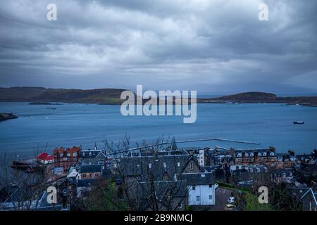 View from McCaig's tower looking over Oban harbour - scenic coastal town in Scottish Highlands. Stock Photo