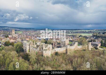 Aerial view over Ludlow at spring - historic town in Shropshire, UK Stock Photo