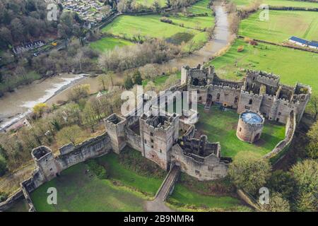 Top down aerial view over ruins of medieval fortification - Ludlow Castle in Shropshire, UK Stock Photo