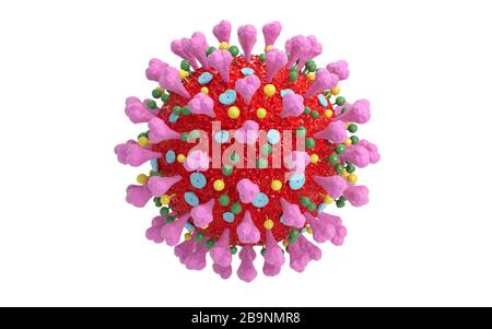 Covid-19 coronavirus virus that causes acute respiratory infections. Sars-CoV-2 pathogen under the microscope. Isolated on white background. 3d render. Stock Photo