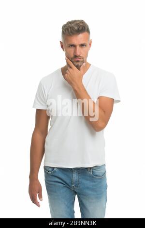 He knows he is attractive. Mature man. Overcome problems. Midlife Crisis Affecting Men. Psychological crisis. Male beauty standards. Mature guy wear white shirt looks stylish. Crisis solution. Stock Photo