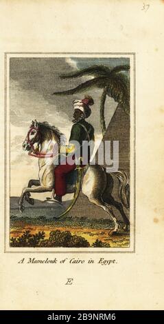 A Mamelouk or Mamluk of Cairo in Egypt, 1818. Mamluk slave soldier on horseback in turban with scimitar in front of a pyramid (at the Battle of the Pyramids, 1798). Handcoloured copperplate engraving from Mary Anne Venning’s A Geographical Present being Descriptions of the Principal Countries of the World, Darton, Harvey and Darton, London, 1818. Venning wrote educational books on geography, conchology and mineralogy in the early 19th century. Stock Photo